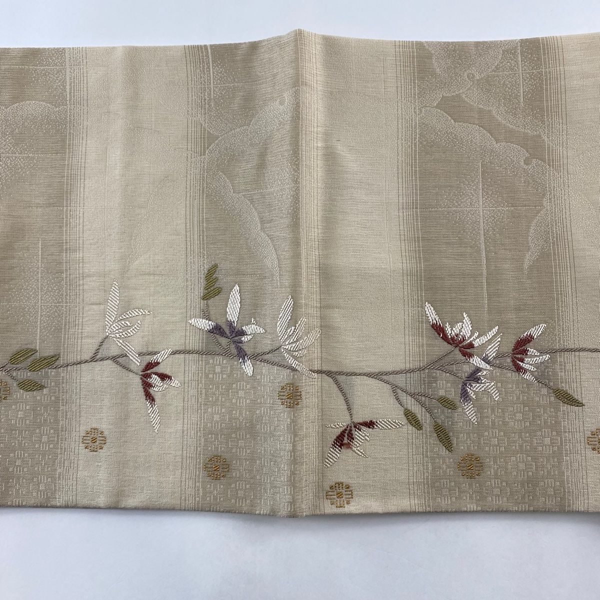 全て完全美品 2024 袋帯 美品 名品 鈴乃屋 草花 雪輪 ベージュ 全通 正絹 【】 美品