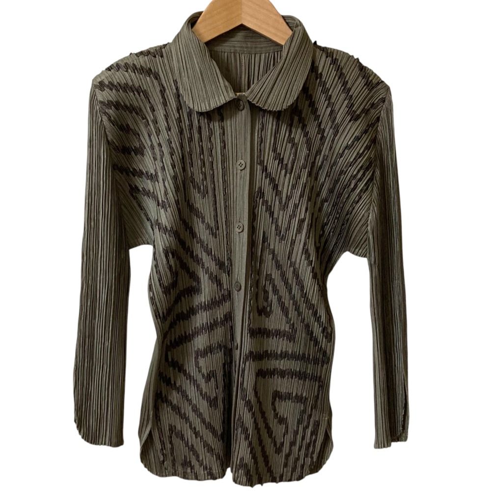 PLEATS PLEASE ISSEY MIYAKE プリーツプリーズ イッセイミヤケ 総柄 ブラウス PP41-JJ745 サイズ4 カーキ レディース 古着