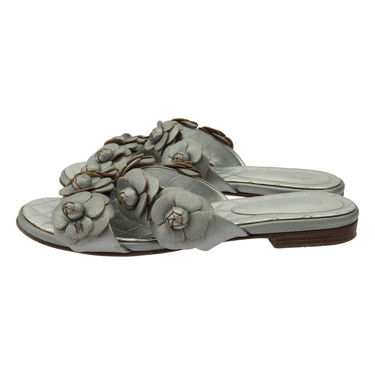 CHANEL シャネル カメリアフラワー ミュールサンダル シルバー 35