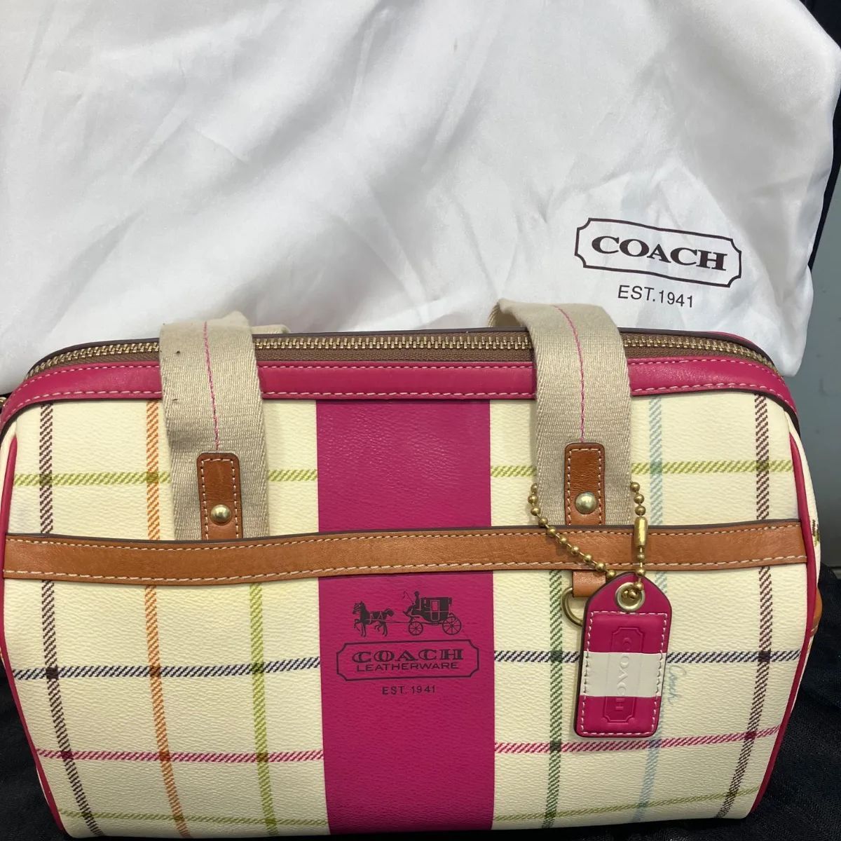 【希少品】COACH　チェックPVC　ボストンバッグ　アイボリー*ピンク 希少品】·コーチ チェックPVC ボストンバッグ アイボリー*ピンク