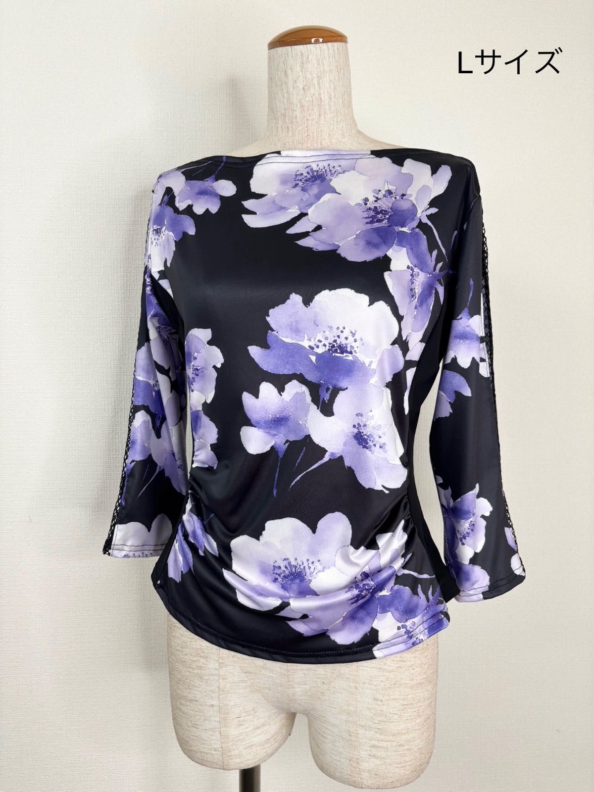 新品》社交ダンス ブラック×パープル 袖ネットデザイン トップス L