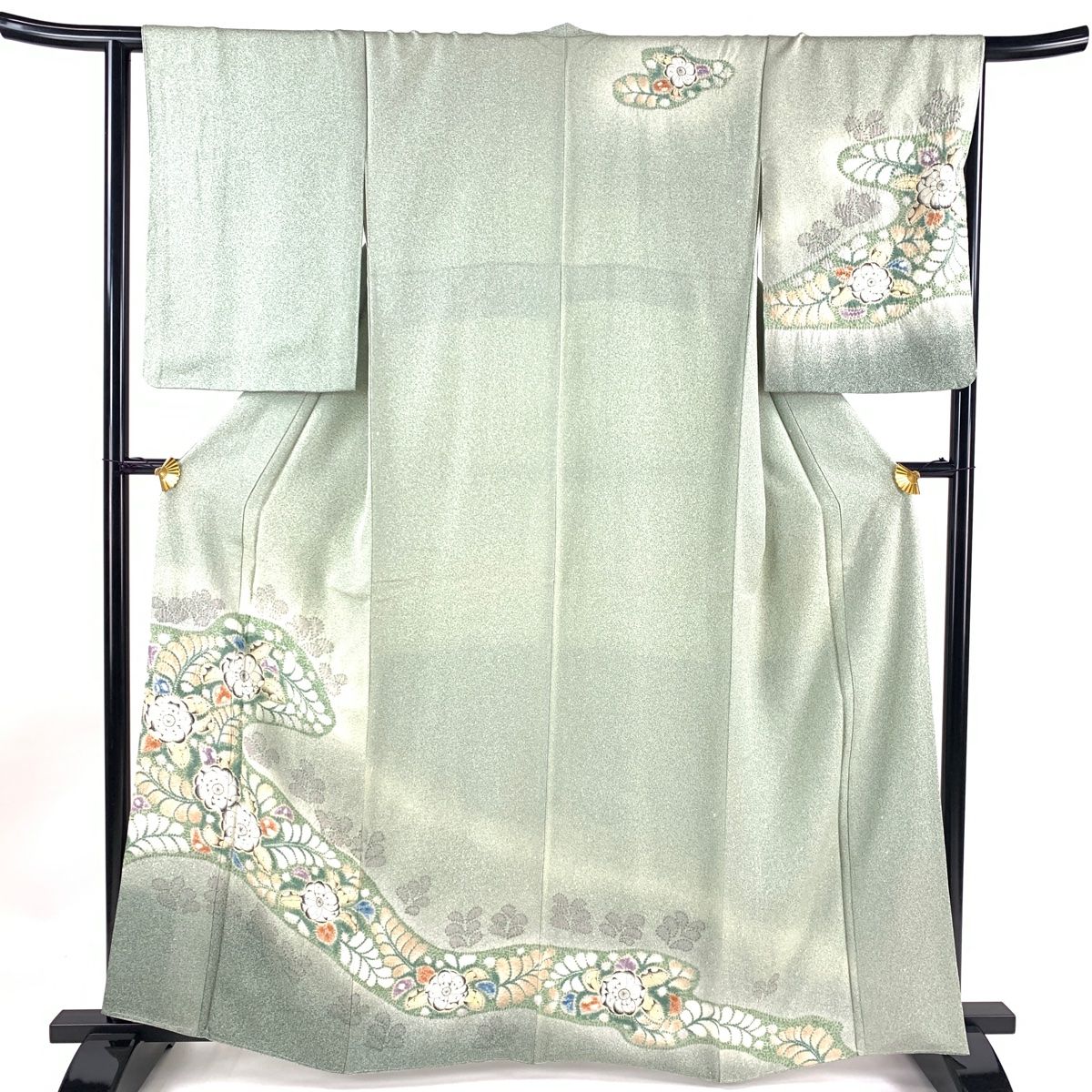 訪問着 身丈161cm 裄丈65cm M 袷 辻が花柄 絞り ぼかし 薄緑 正絹 名品  