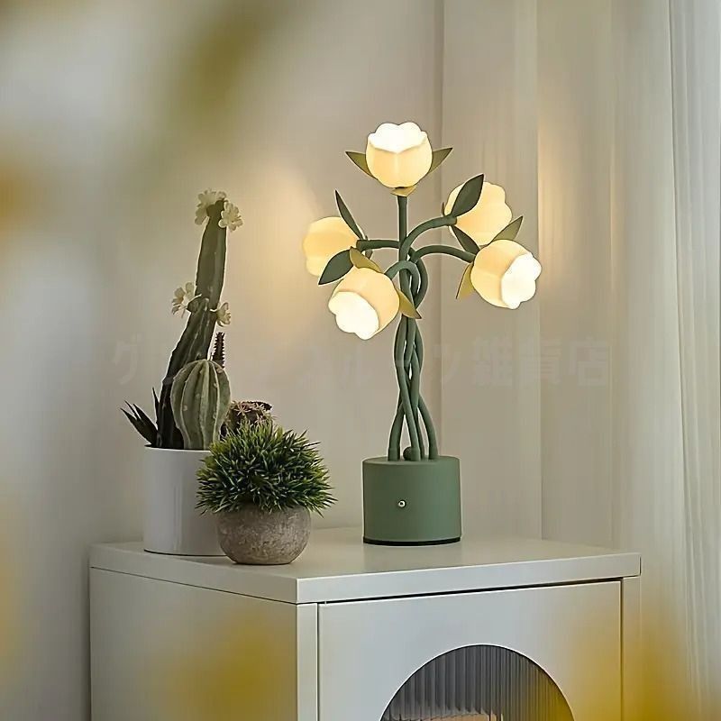 テーブルランプ コットンシェード 木彫り風 グレイッシュロータス 間接