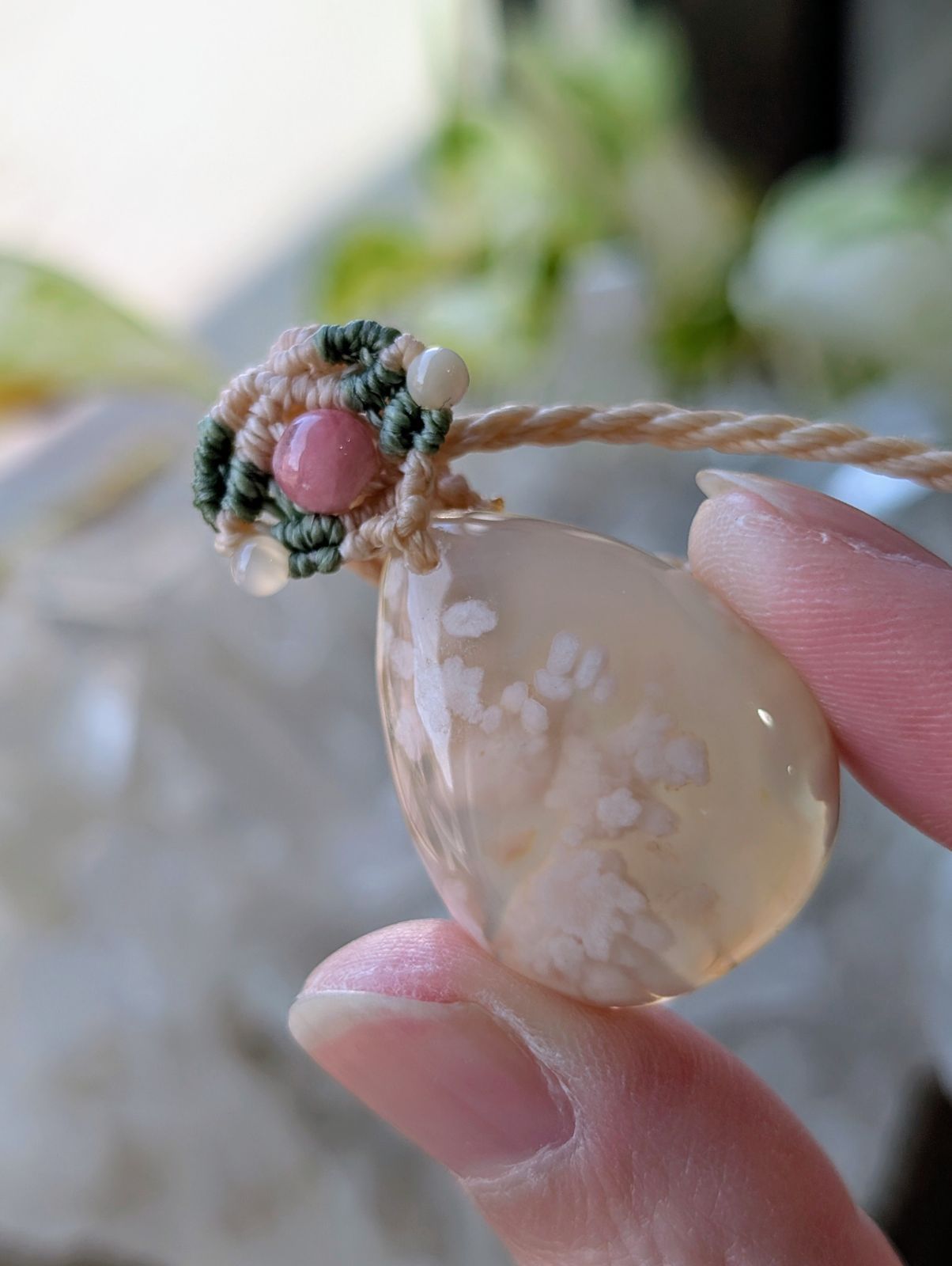 ☆チェリーブロッサムアゲート・桜瑪瑙☆マクラメ編みネックレス C 306