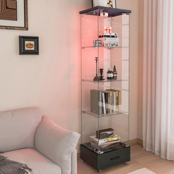 ケース シェルフ 1ドア4段 ブラック ガラスディスプレイキャビネット LEDリモコン付き 鍵付き 強化ガラス ガラスケース 爆買 MARWIL-DEMENAGEMENTS_CH