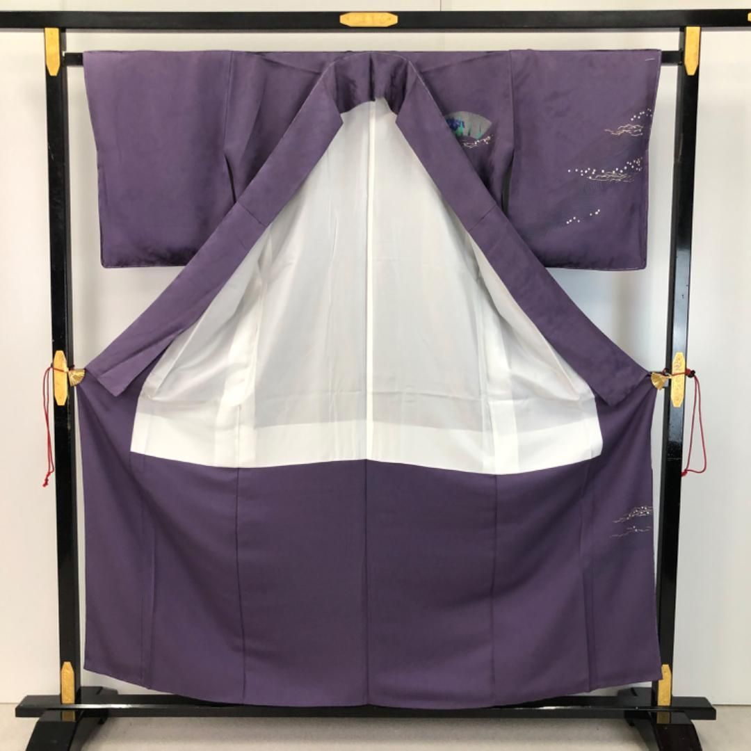 訪問着 作家物 道長取りに花模様 葡萄紫色 しつけ糸 K-5354