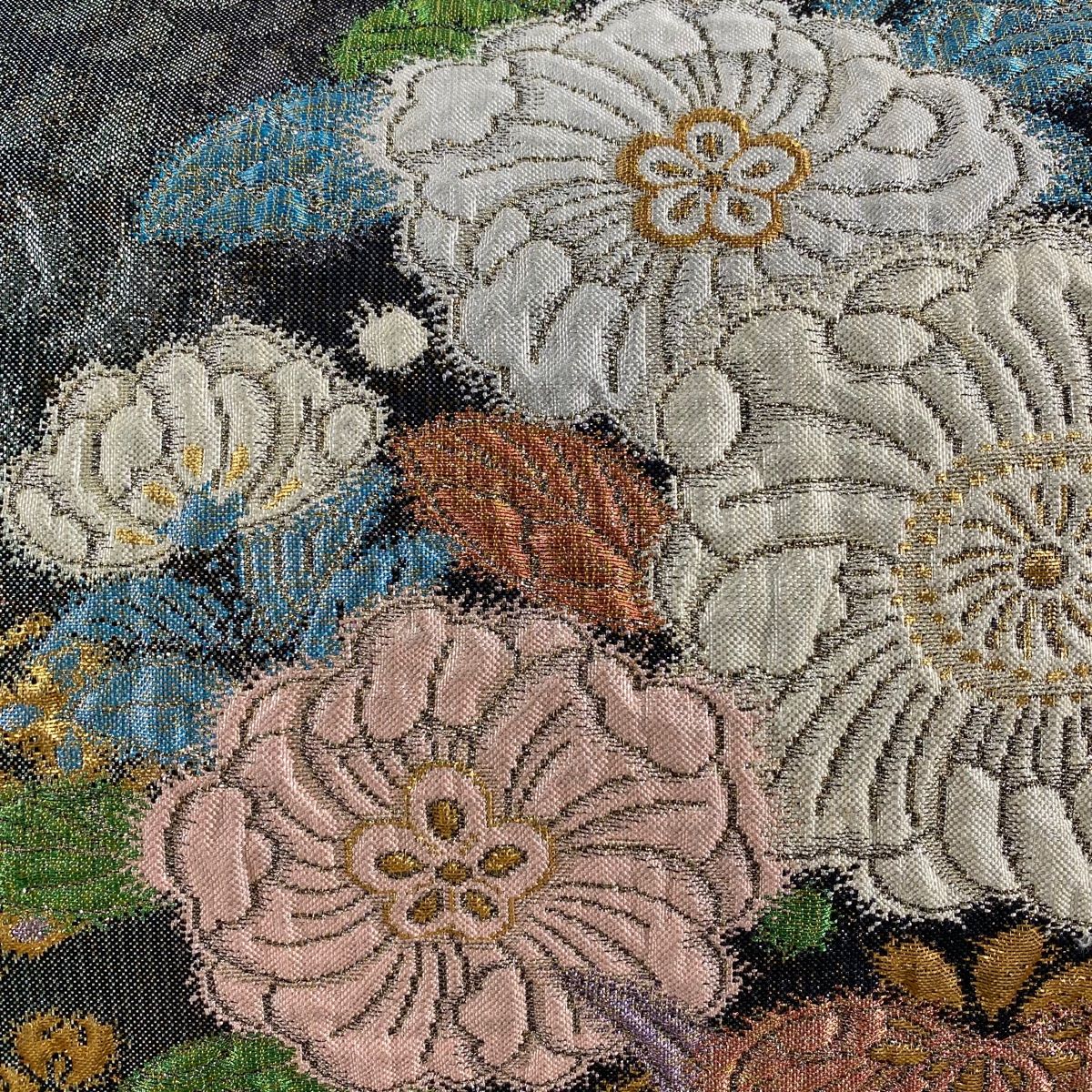 袋帯 秀品 草花 菱 金糸 箔 深緑 六通 正絹