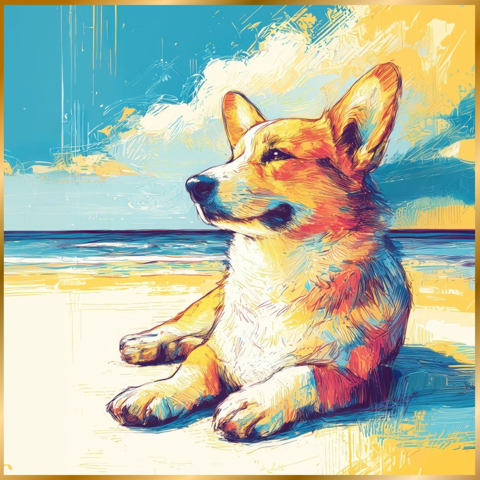 ウェルシュコーギー犬とビーチのスケッチ