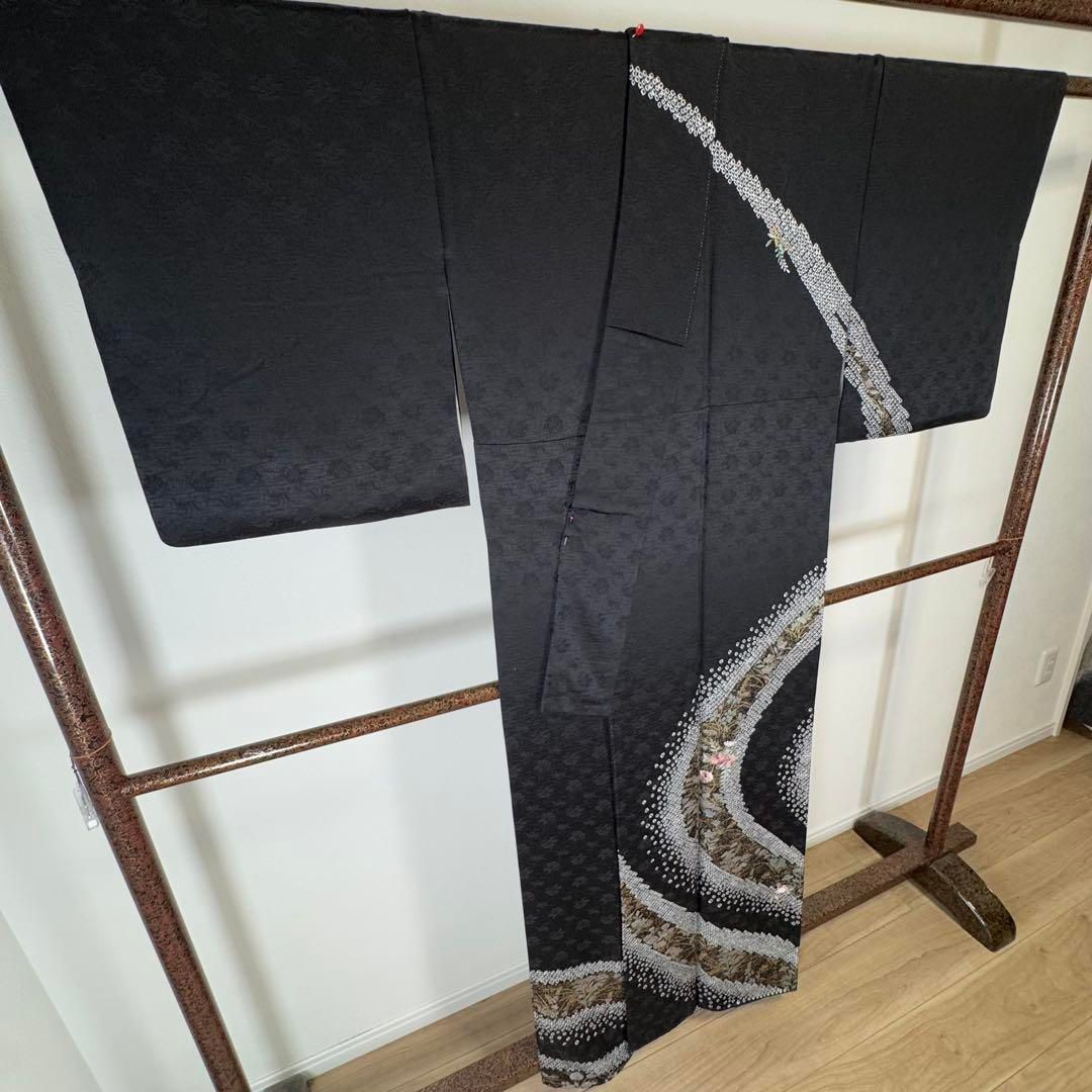 超 正絹 袷 現代 広襟 訪問着 着物 161 刺繍 光沢 黒 絞り KIN-KAAI_COM