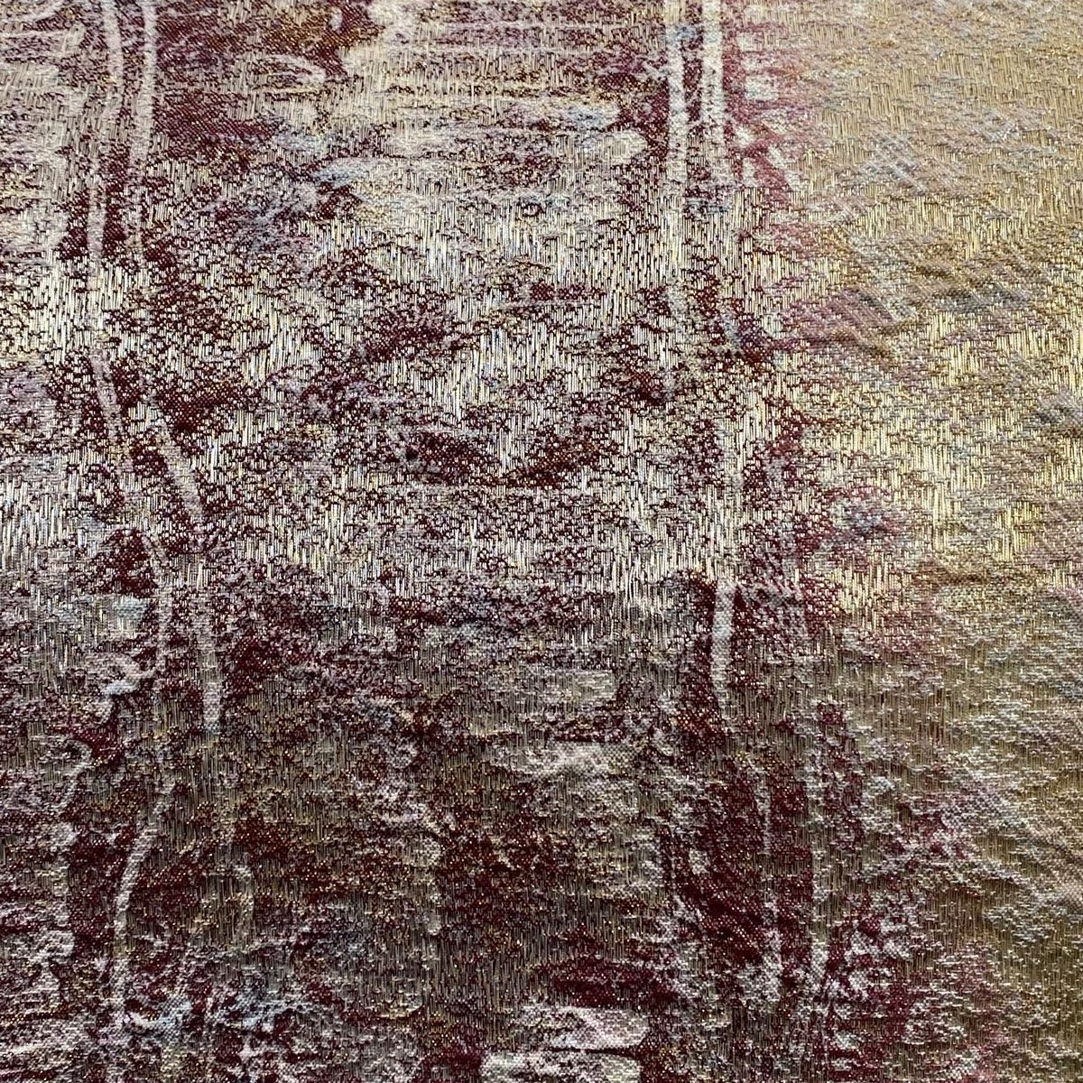 袋帯 秀品 幾何学模様 金銀糸 箔 小豆色 全通 正絹