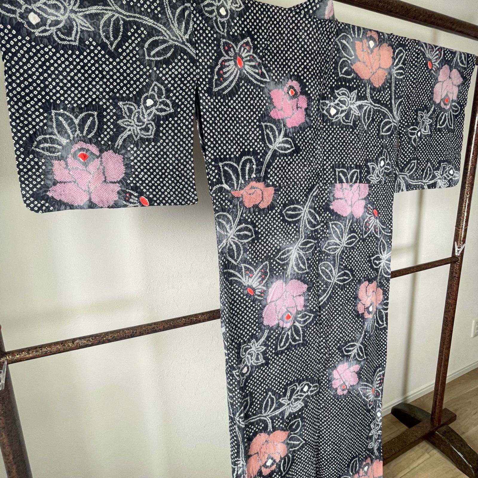 有松絞り 浴衣 赤 紫 花 トール 有松鳴海絞り 浴衣 トールサイズ お花柄 青