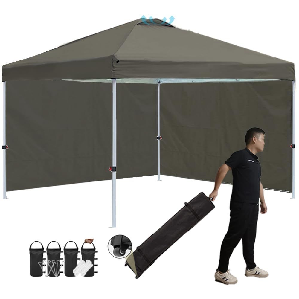 スチールフレーム 3段階調節 8人用大型 風抜けベンチレーション 組立簡単 UVカット サイドシート2枚付き 耐水 組立と運び簡単!! センターロック キャスターバッグ 2.5×2.5m 3×3m 付き ワンタッチ設営 強化版 タープテント グレ