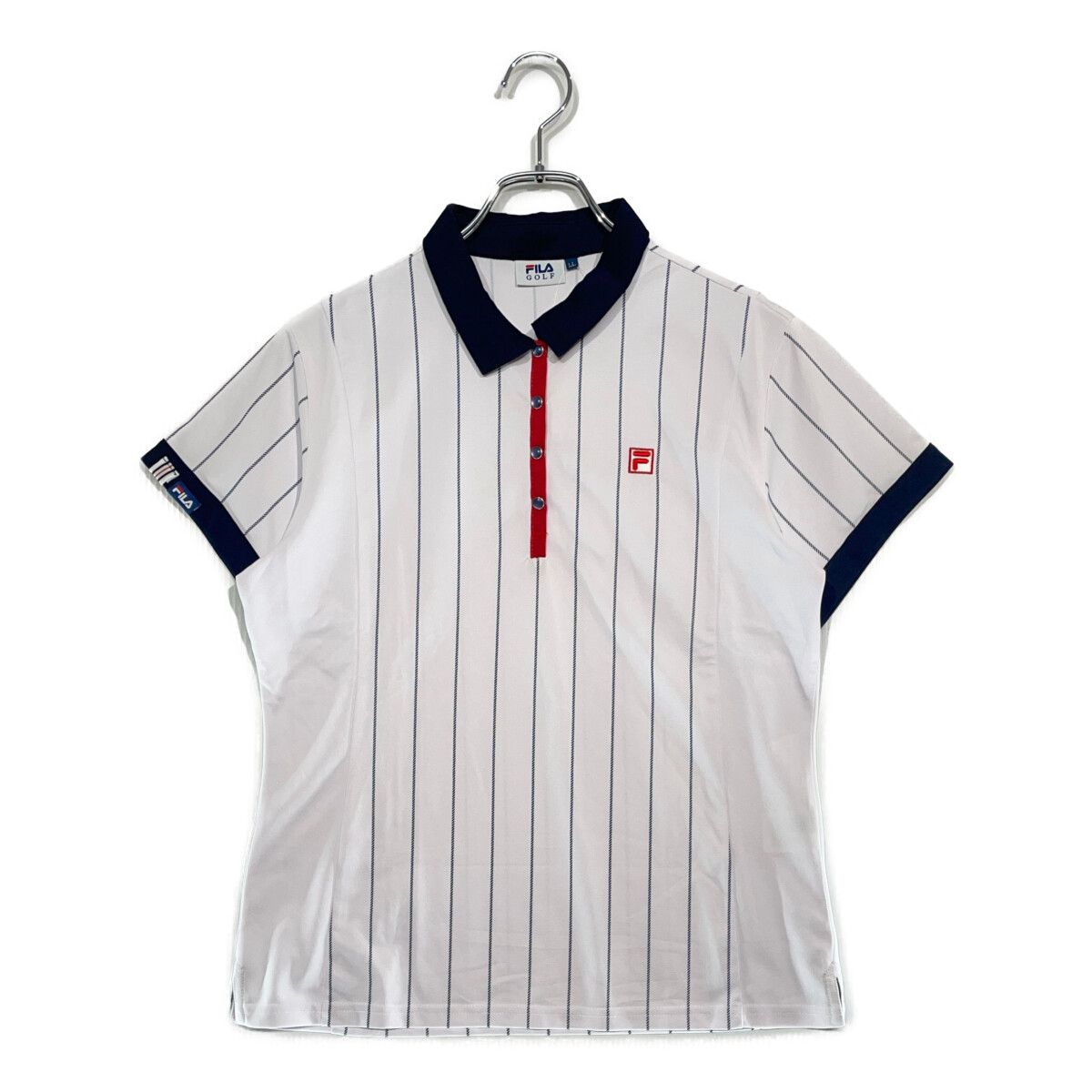 coco 未使用品 フィラゴルフ FILA GOLF レディース 半袖ポロシャツ L 白 紺 ロゴ総柄 coco 未使用品 フィラゴルフ FILA GOLF レディース 半袖
