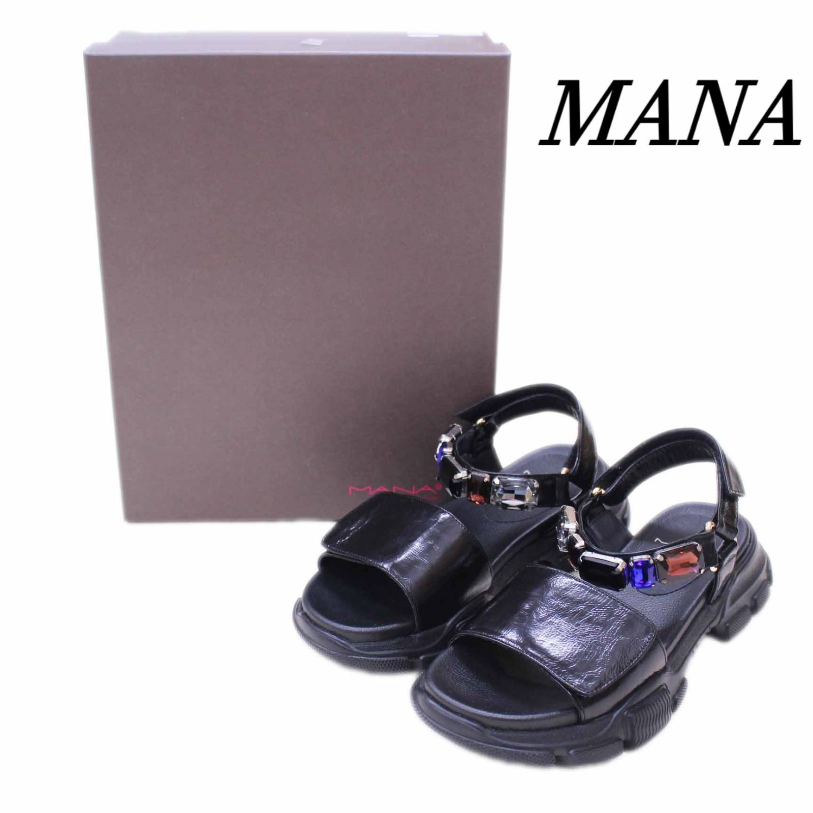 MANA マナ ビジューサンダル 36 BLK|黒