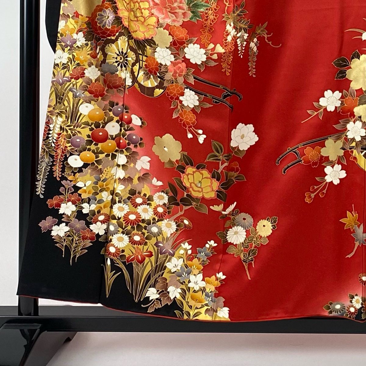 振袖 身丈157cm 裄丈62.5cm S 袷 袋帯フルセット 花車 枝花 金糸 刺繍 赤 正絹 秀品 【中古】 - メルカリ