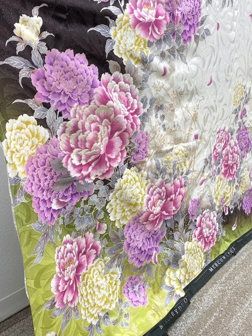 振袖 MERCURYDUOR 仮絵羽 京友禅 牡丹 正絹 未仕立て品 八掛付き