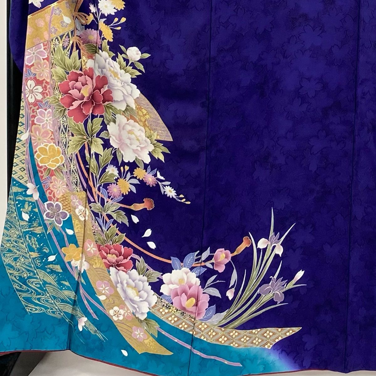 振袖 身丈165.5cm 裄丈67.5cm L 袷 草花 几帳 金彩 青紫 正絹 秀