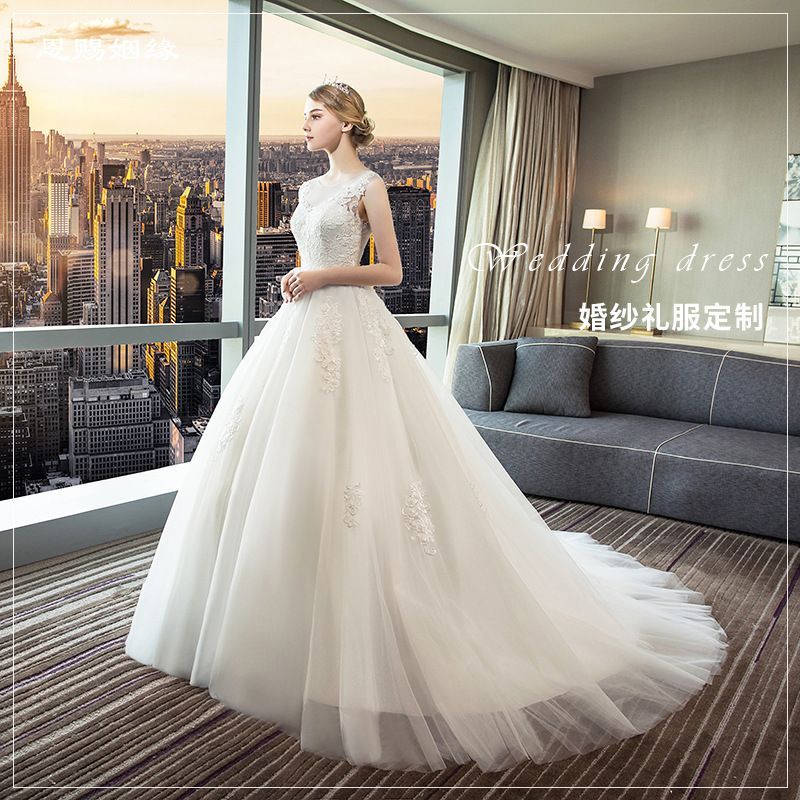 ウェディングドレス 花嫁用 シースルー ダブルショルダー レース 韓国風 大トレーン スリム 森系