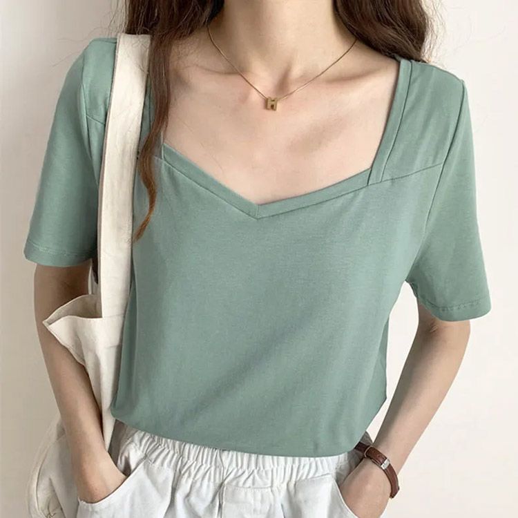 スクエアネック 半袖 Tシャツ vネック トップス レディース