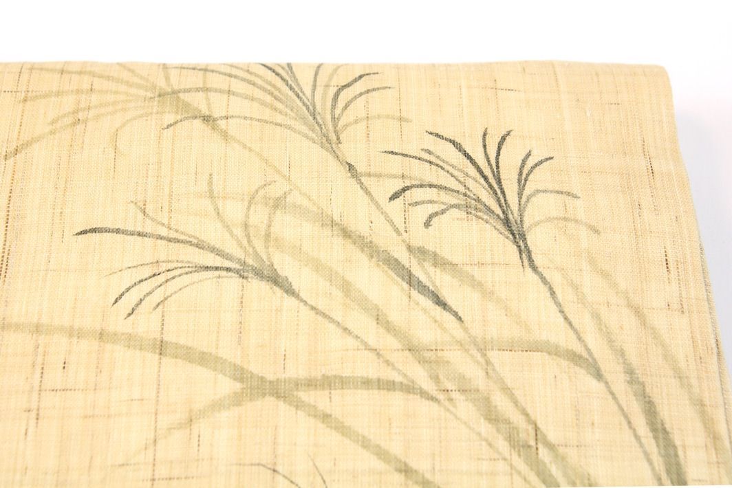 リサイクル】 名古屋帯 【本麻】 麻帯 手織り 芒に鈴虫 粋 生成