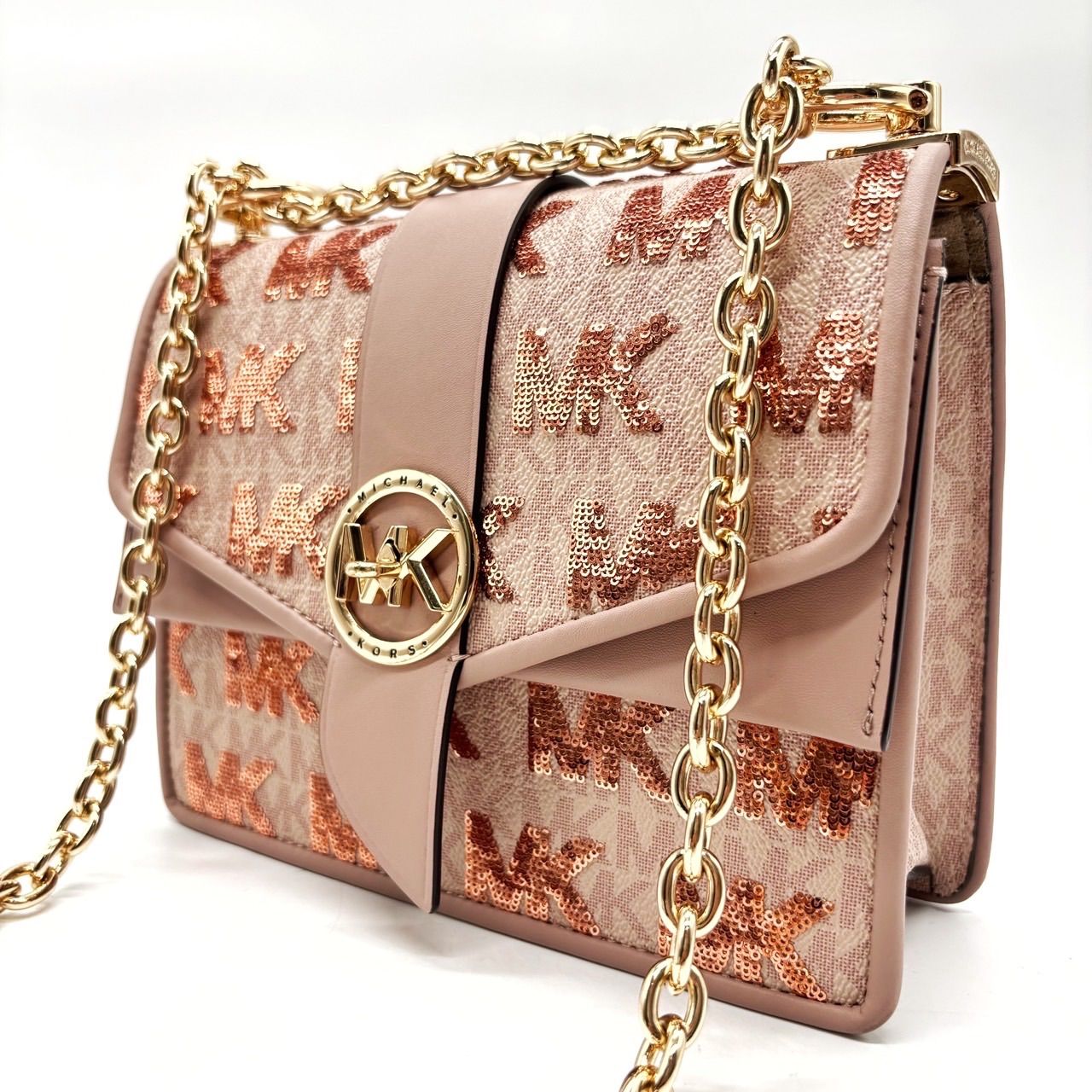 Michael Kors マイケルコース ショルダーバッグ トートバッグ ワンショルダーバッグ フラップ チェーン MK柄 総柄 ゴールド金具 レザー 革 PVC ベージュ 肌色 ピンク 桃色 ユニセックス 男女兼用 レディース