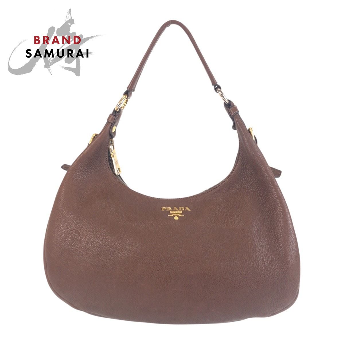 【PRADA】関税込☆レザーショルダーホーボーバッグ ブラウン プラダ PRADA ワンショルダーバッグ ブラウン ゴールド レザー