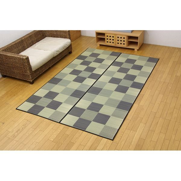 日本製 い草 花ござ/ラグマット 【ブロック柄 グレー 江戸間4.5畳 261×261cm】 裏：ウレタン 防傷 抗菌 防臭 調湿 〔リビング〕【代引NG】 カーペット・マット・畳 マット
