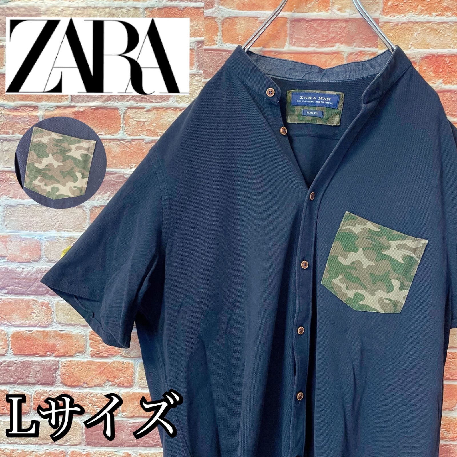 希少デザイン ZARA ザラ 半袖シャツ マオカラー ポケット カモフラ