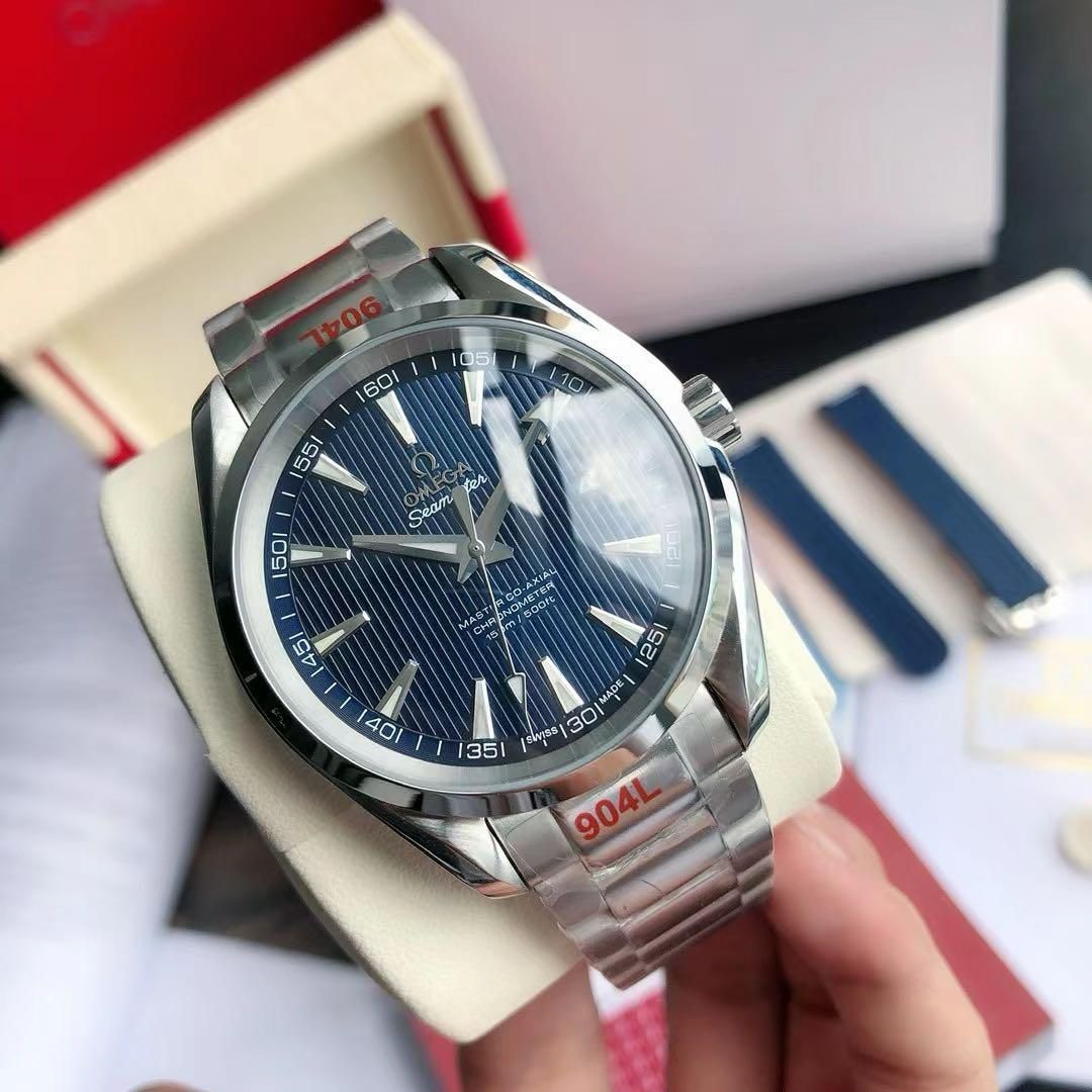【美品】OMEGA 自動巻き アクアテラ マスターコーアクシャル オメガ アクアテラ・マスターコーアクシャル 38.5MM ブルー 革