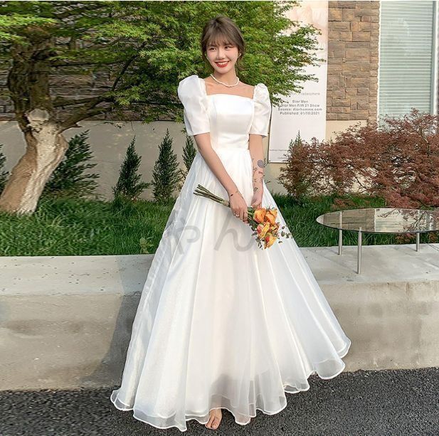 2025 ウエディングドレス サテン Aライン 前撮り 半袖 ドレス ホワイト パフスリーブ 袖 ボリューム 二次会 結婚式