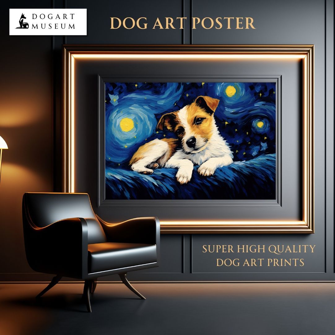 The starry night - Jack Russell Terrier Puppy Dog 02（星降る夜 - ジャックラッセルテリア犬の子犬）アートポスター 犬の絵 犬の絵画 犬のイラスト