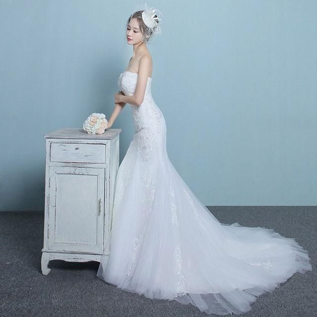 ホワイト ウエディングドレス マーメイドドレス ノースリーブ レース 編み上げ ロングドレス 結婚式 二次会 演奏会 披露宴 演奏会 花嫁ドレLYX春物最旬