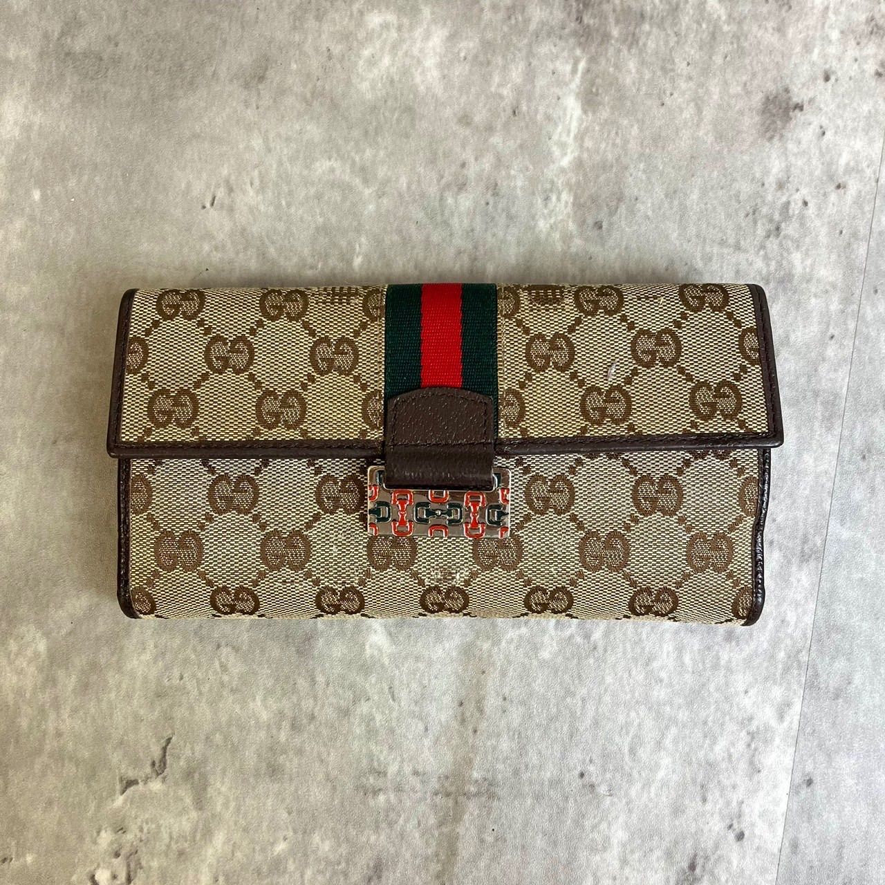 ✨格安✨ GUCCI グッチ 長財布 三つ折り財布 ハスラービット Wホック シェリーライン GG柄 ロゴ総柄 キャンバスレザー ロゴ刻印 ベージュ  肌色 ブラウン 茶色 レディース メンズ ユニセックス - メルカリ