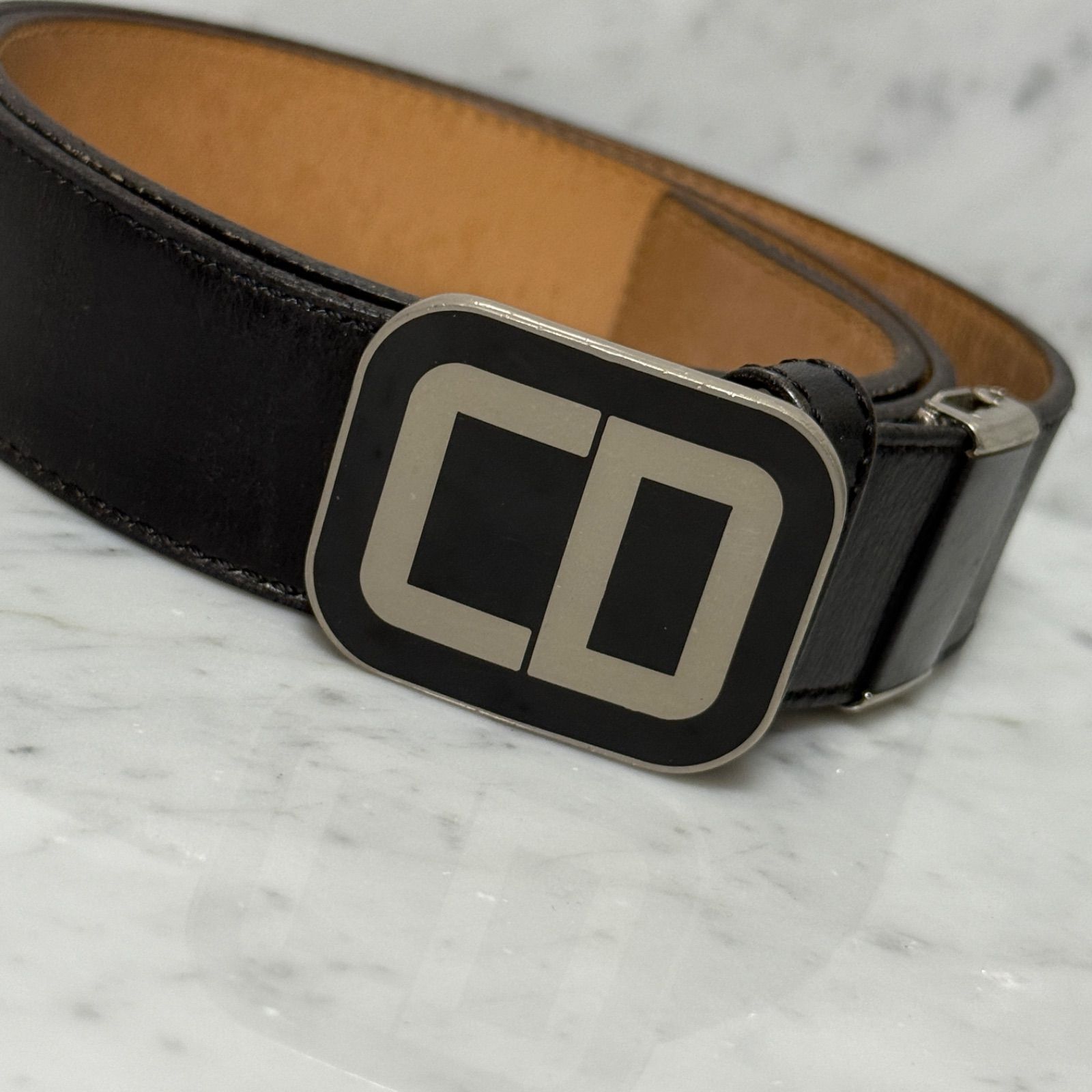 90s Christian Dior クリスチャンディオール ベルト 本革 レザー ブラック CD バックル ロゴ