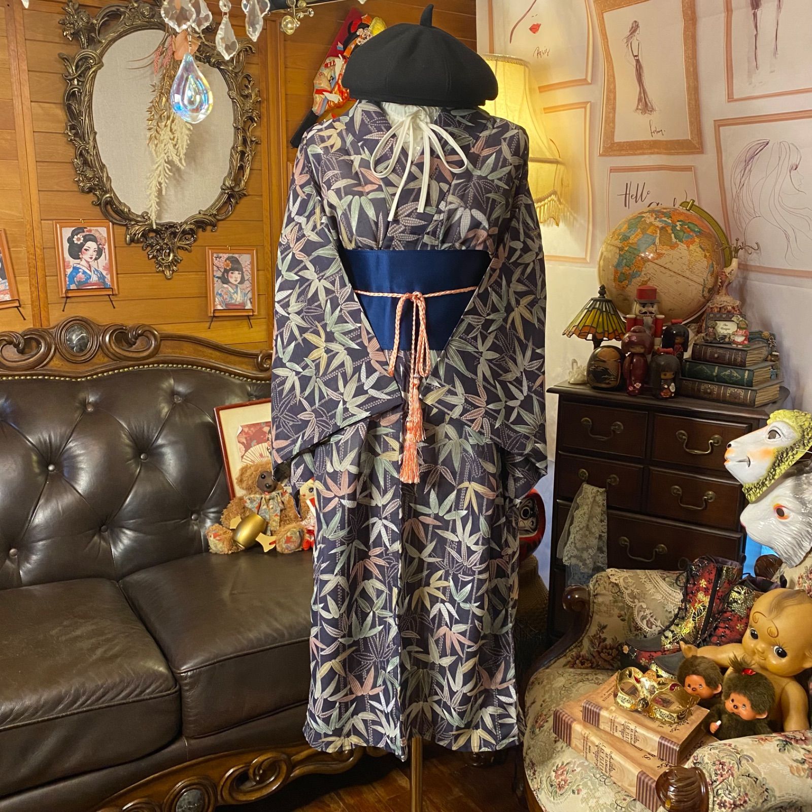 和洋折衷 夏着物リメイク セミロングワンピース 洗える 化繊 ドレス 帯サッシュベルト レトロ 古着 竹林の風薫る SKW-32