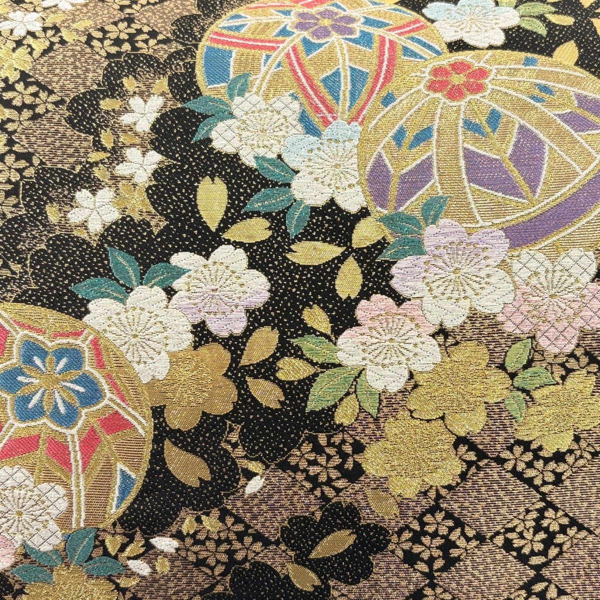 袋帯 秀品 手鞠 桜 金糸 箔 黒 六通 正絹