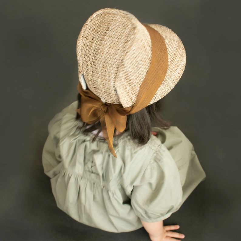 麦わら帽子 キッズ キャメル りぼん 48cm 52cm ハンドメイド 夏 帽子 ハット おしゃれ kubomi くぼみ