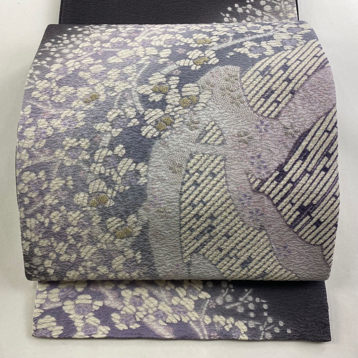 袋帯 滝泰 落款 枝梅 幾何学 相良刺繍 銀通し 紫 お太鼓柄 正絹