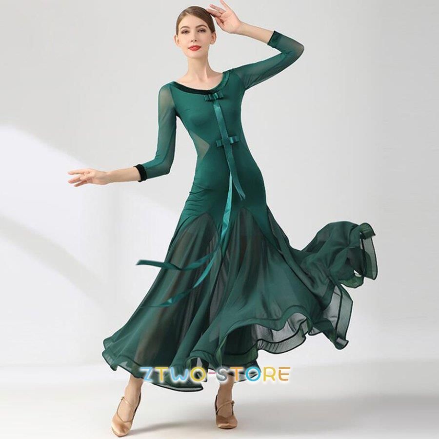 社交ダンスドレスレディース モダンダンス ロング丈ワンピース 長袖