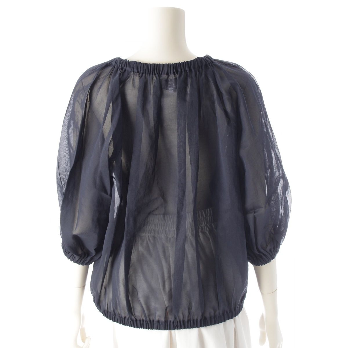 即日発送。 ティーマットマサキパリ コットン ドゥロワー別注 フロントリボン バルーンスリーブ シアー ブラウス トップス ネイビー 1 全国送料無料でお届け。