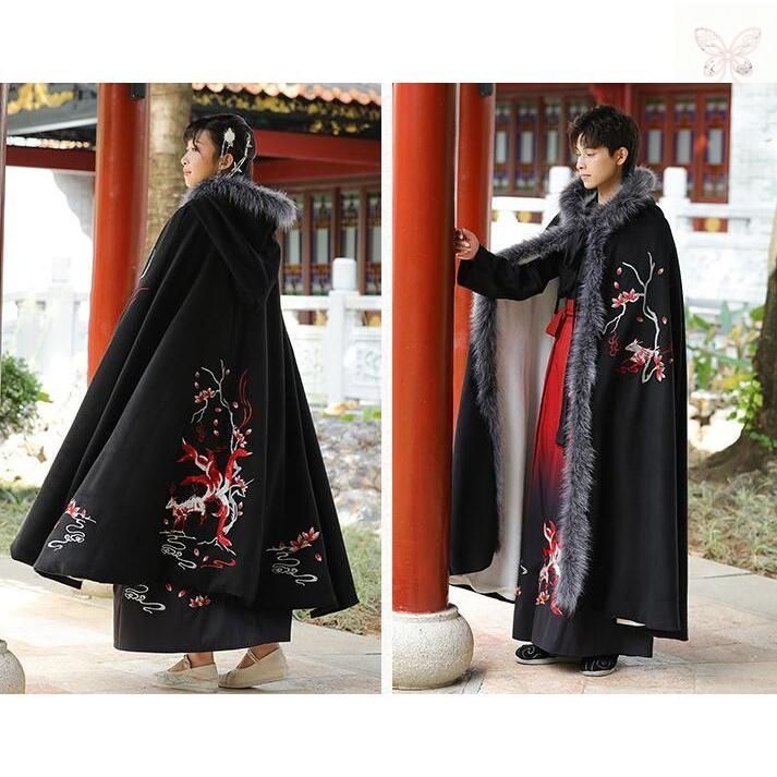 漢服唐装 男女兼用漢服マント 冬 暖かいファーマント メンズ レディース漢服中華服 ロング フード付きファーコート 狐刺繍 豪