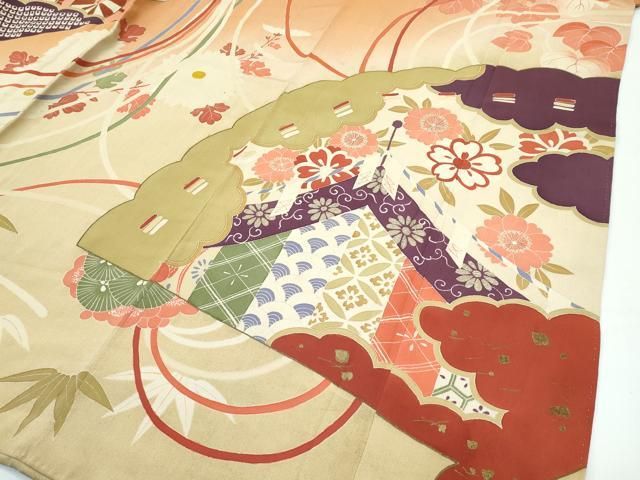 平和屋着物■極上 アンティーク 大正ロマン 振袖 駒刺繍 中国三大刺繍 相良刺繍 檜扇御所車花文 暈し染め 金彩江戸茶色地 逸品 CZAA3753s5 平和屋着物□極上 アンティーク 大正ロマン 振袖 駒刺繍 中国三大刺繍