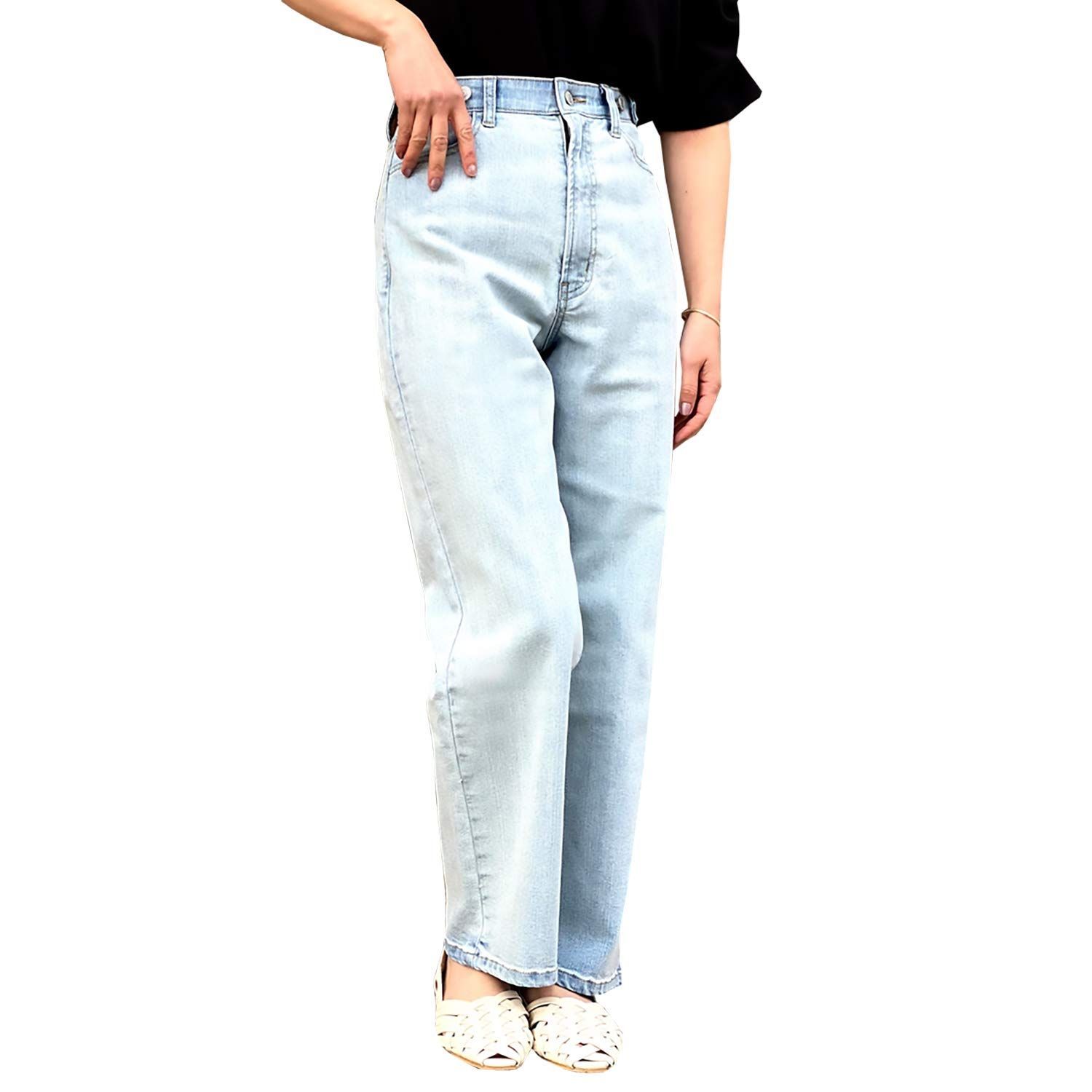 Color ライトブルー_Size LL セレクトリベリー ストレートパンツ デニム レディース パンツ ウエストゴム ストレッチ性 動きやすい 脚長効果 ハイウエスト リサイクルデニム ゆったり 大きいサイズ 女性 主婦 春 夏 秋 冬 通勤 普段着 E