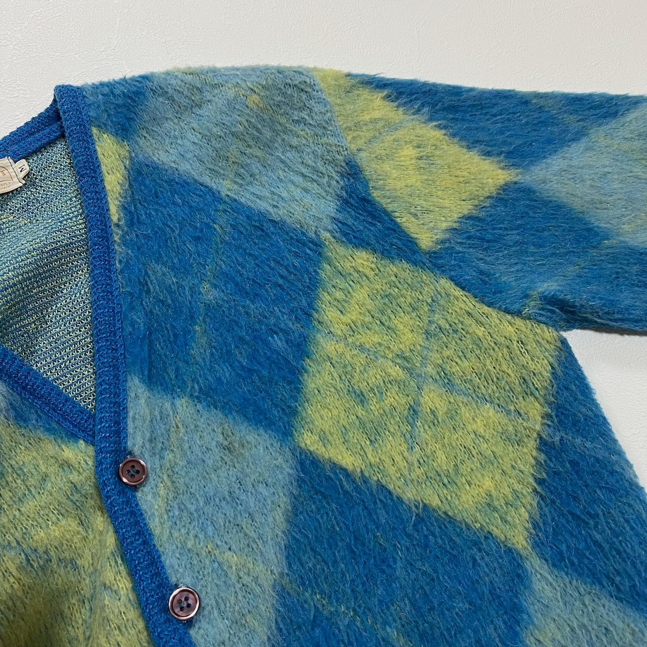50s~60s BRENT モヘア アーガイル カーディガン ブルー イエロー M 
