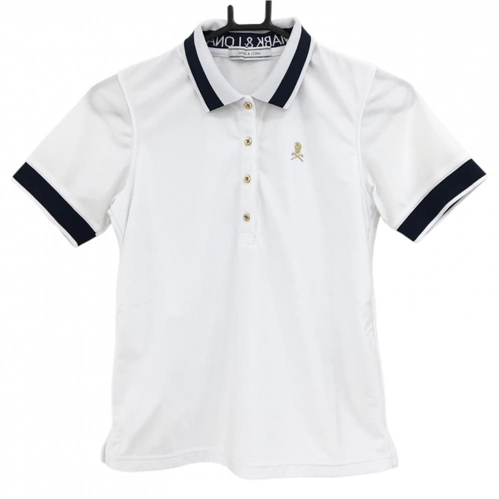 極美品 マークアンドロナ ゴルフウェア 半袖ポロシャツ 白 ドクロ Lサイズ相当 美品】マークアンドロナ 半袖ポロシャツ 白×ネイビー スカル 後身頃