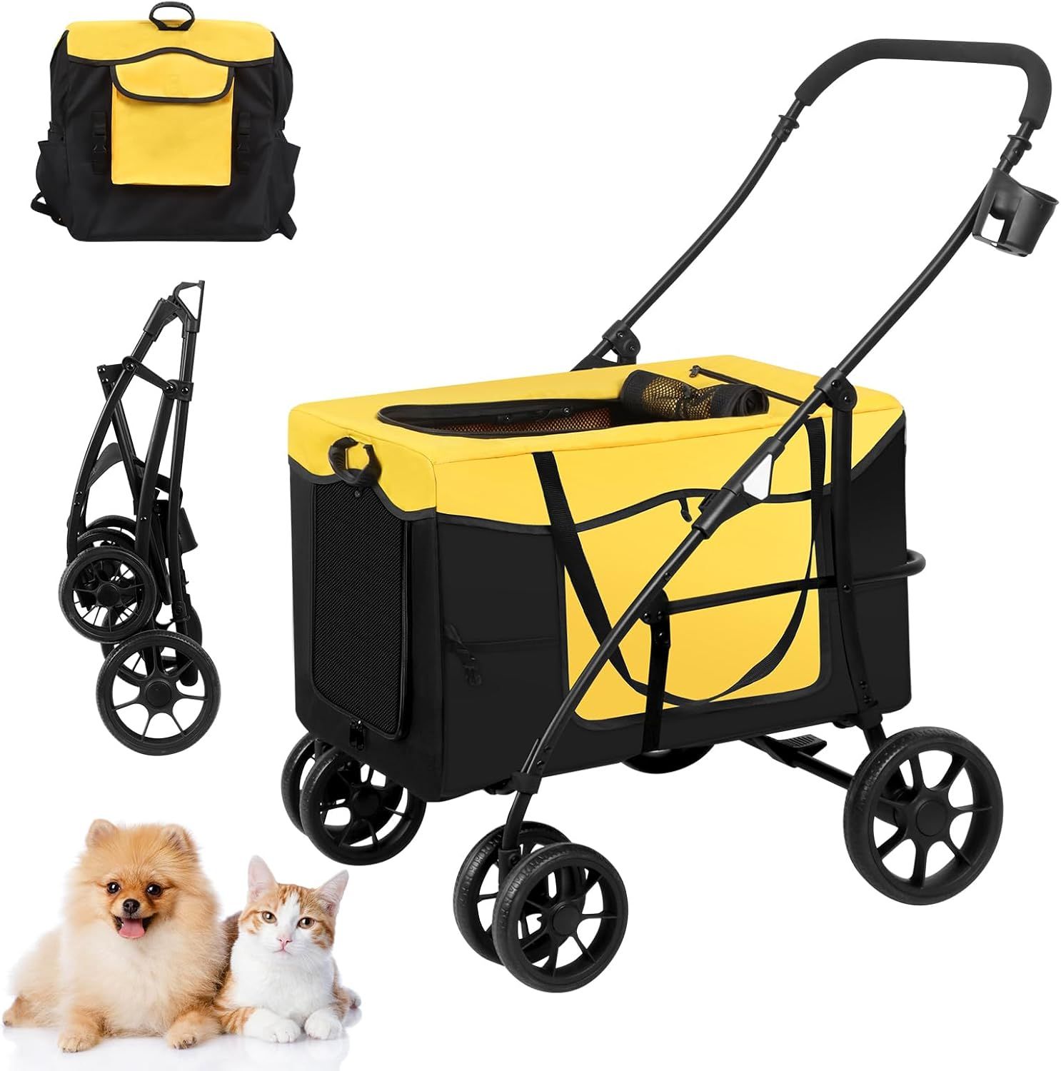 ペットカート 折り畳み 4輪 ストッパー付き 通気性抜群 小物入れ