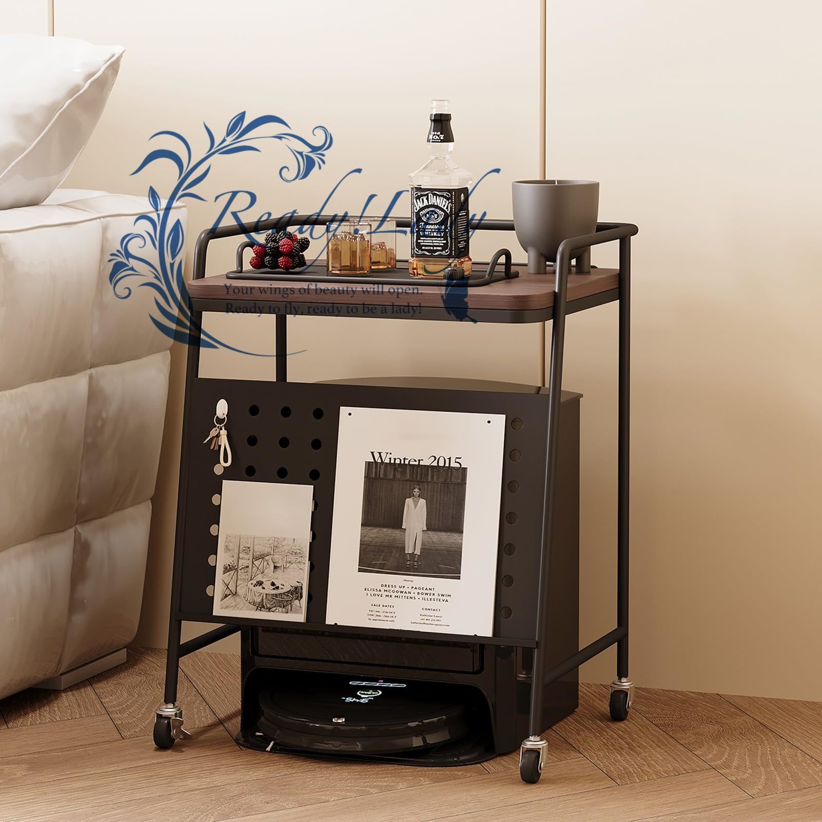 ロボット掃除機用スタンドキャビネット ャスター付き バスルーム用小型サイドテーブル 省スペース 収納ベッドサイドテーブル Black