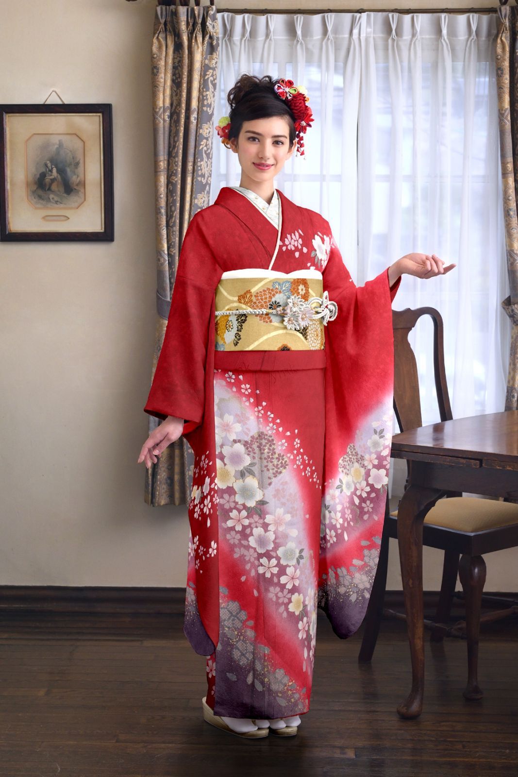 振袖【中古】 仕立上がりリサイクル品 赤色 花柄 正絹 R77 - メルカリ