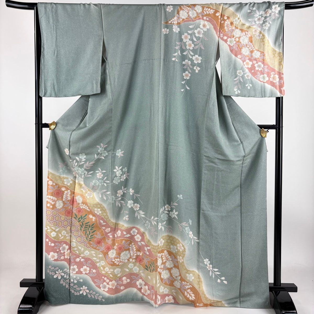 訪問着 身丈169cm 裄丈68cm L 袷 草花 亀甲 金彩 絞り 灰緑 正絹 秀品