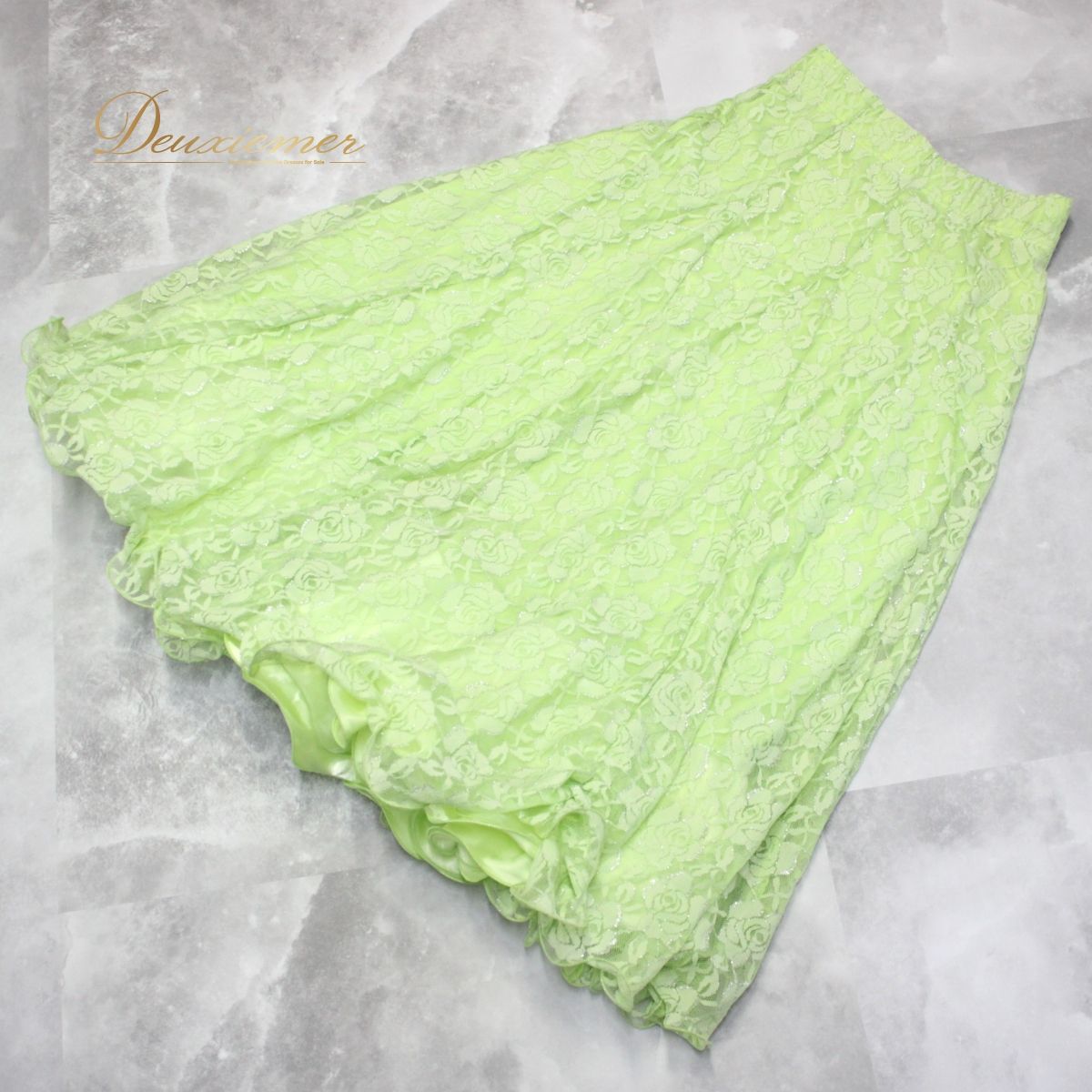 【美品 社交ダンス衣装】上下セット レッスン パーティー leirena レイリーナ 黄緑 ライトグリーン 花柄 レース フェミニン 美品 社交ダンス衣装】上下セット レッスン パーティー leirena
